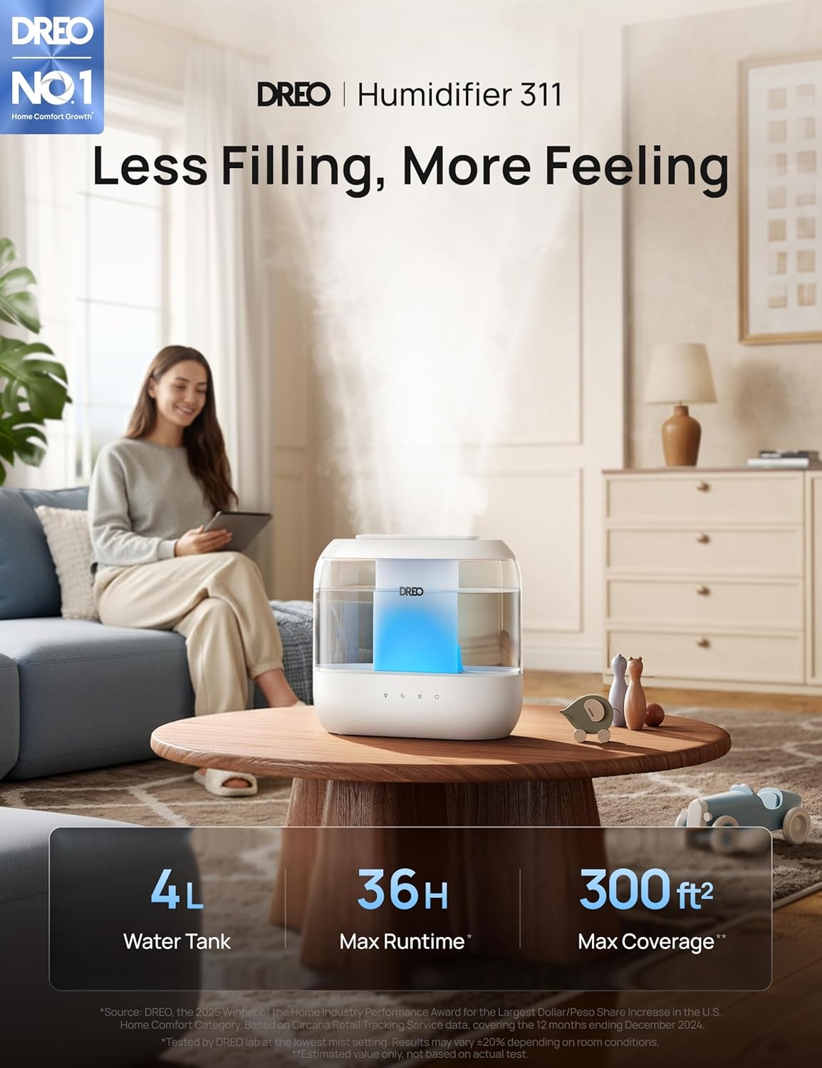 image:imageDREO 4L Humidifiers for Bedroom 36H Runtime 28 dB Quiet HM311 Easy to Refill amp Clean BPAFree Nightlight Supersized Air Humidifiers for Large Room Baby Nurseries Plants IndoorWhite