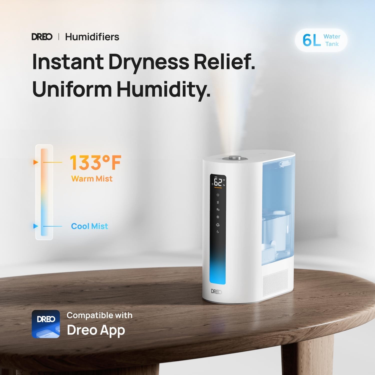 image:imageDREO 6L Smart Humidifiers for Bedroom Warm amp Cool Mist for Large Room 60Hour Quiet Runtime 500MLH Output Smart Humidity Sensor Indicator Light App Control Works with Alexa amp GoogleBlue