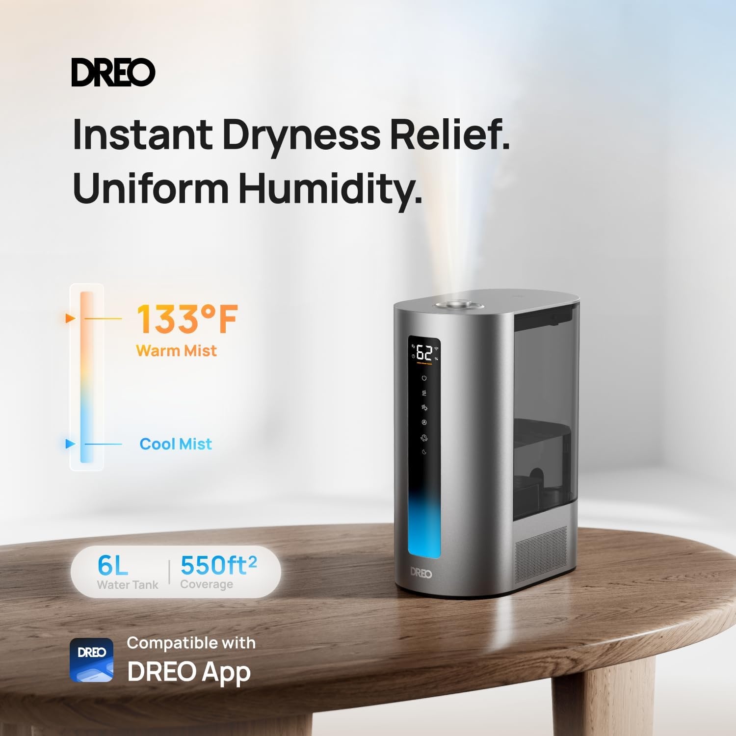 image:imageDREO 6L Smart Humidifiers for Bedroom Warm amp Cool Mist for Large Room 60Hour Quiet Runtime 500MLH Output Smart Humidity Sensor Indicator Light App Control Works with Alexa amp GoogleSilver