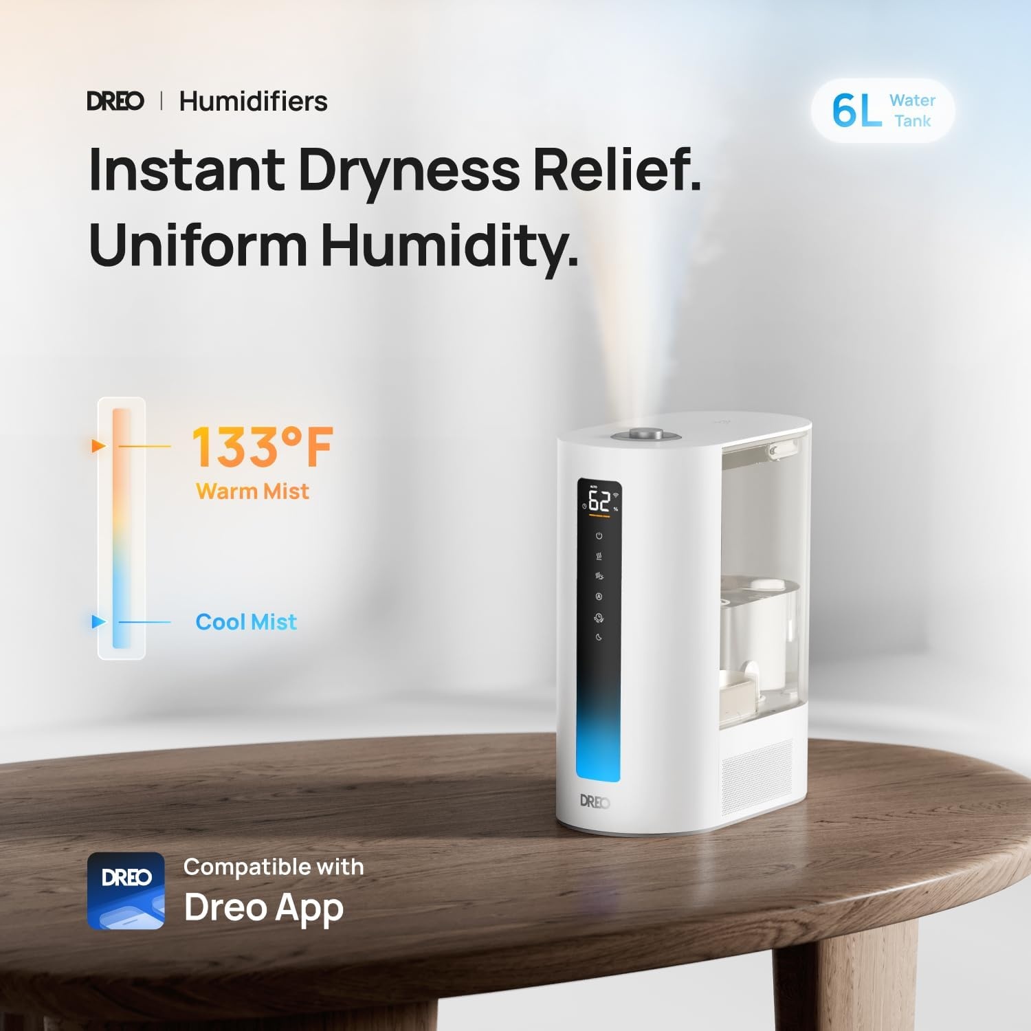 image:imageDREO 6L Smart Humidifiers for Bedroom Warm amp Cool Mist for Large Room 60Hour Quiet Runtime 500MLH Output Smart Humidity Sensor Indicator Light App Control Works with Alexa amp GoogleGrey