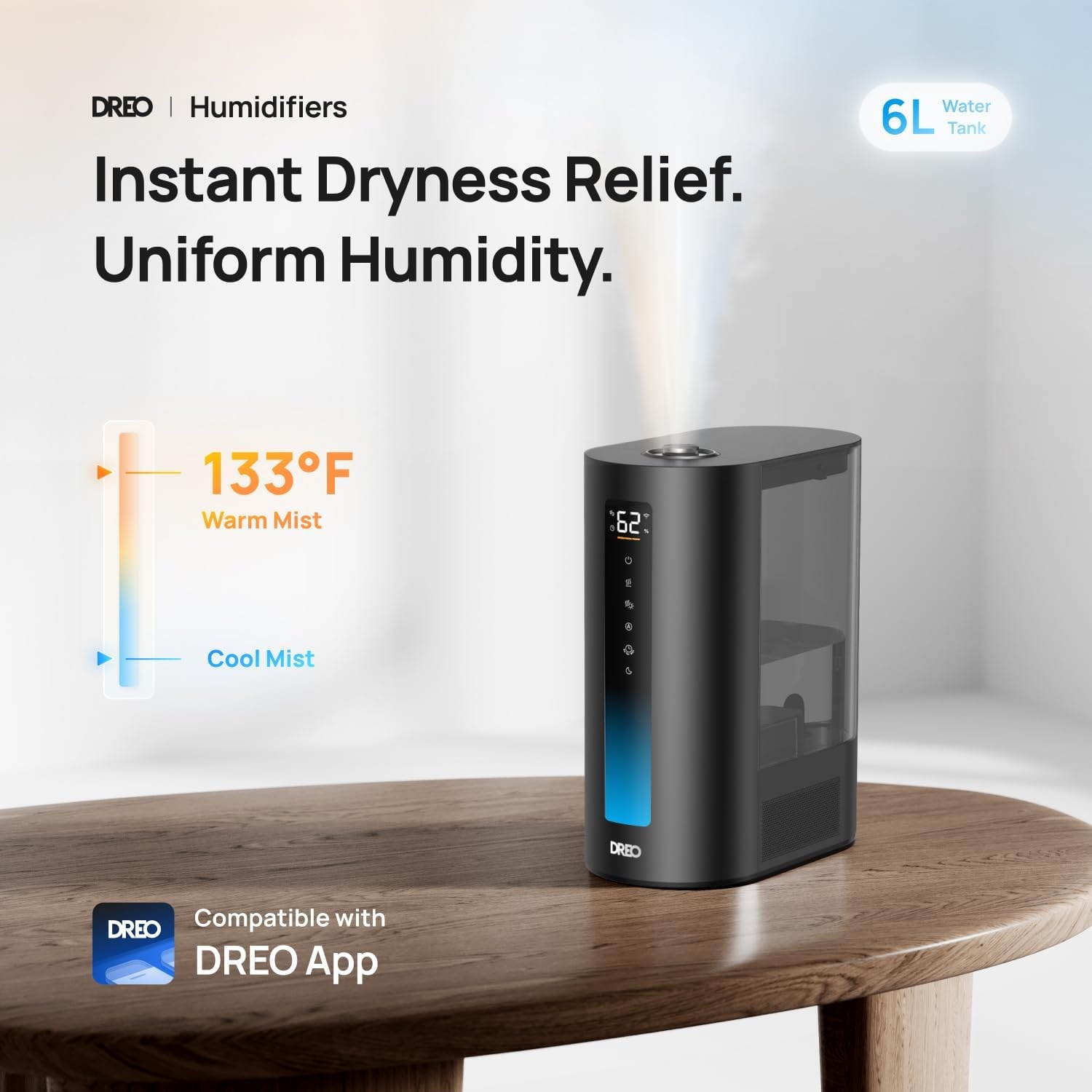 image:imageDREO 6L Smart Humidifiers for Bedroom Warm amp Cool Mist for Large Room 60Hour Quiet Runtime 500MLH Output Smart Humidity Sensor Indicator Light App Control Works with Alexa amp GoogleBlack