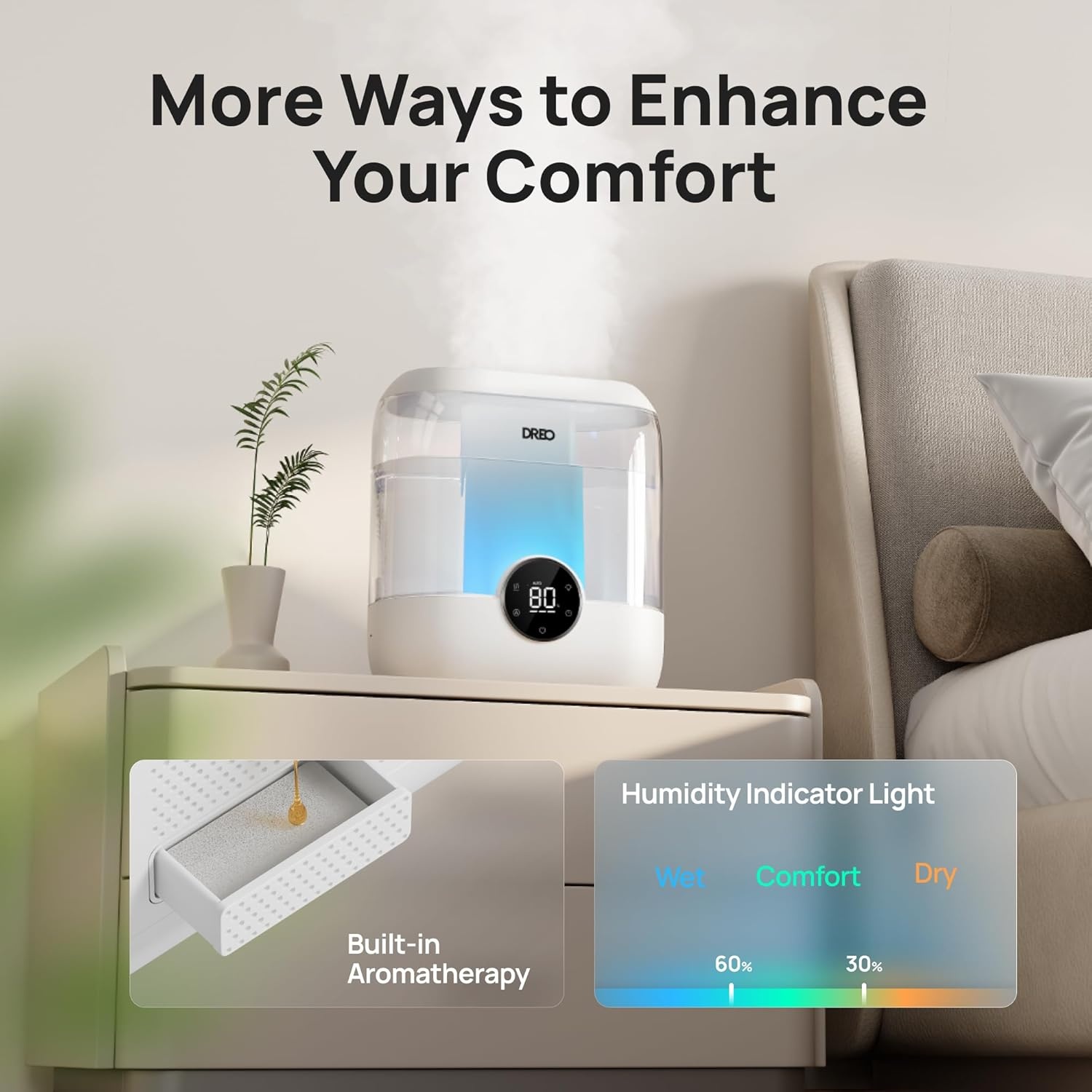 image:imageDREO 6L Top Fill Humidifiers for Bedroom 60H Runtime 28 dB Quiet Supersized Cool Mist Air Humidifiers for Large Room Baby Nursery Plant Indoor Night Light Easy to Clean Precise Humidity ControlWhite