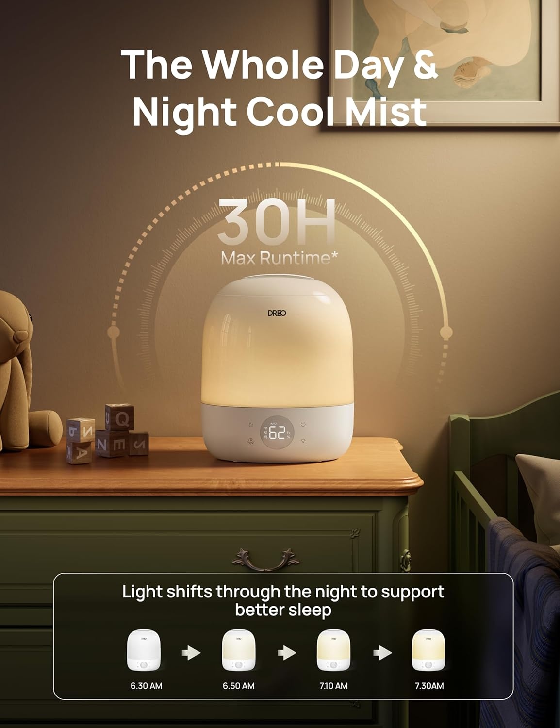 image:imageDREO Humidifiers for Bedroom 30H Max Runtime amp RGB Night Light amp Sleep Trainer Ultra Quiet 28dB Cool Mist Humidifier Top Fill Smart Air Humidifier for Plants Perfect for Baby amp Nursery HM409SWhite