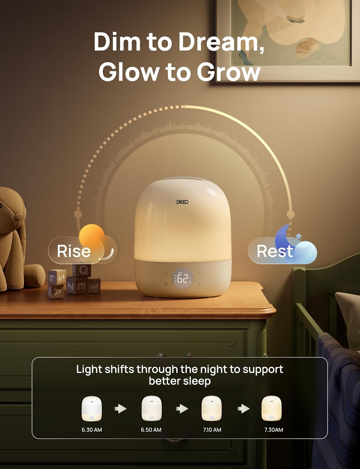 image:imageDREO Humidifiers for Bedroom 30H Max Runtime amp RGB Night Light amp Sleep Trainer Ultra Quiet 28dB Cool Mist Humidifier Top Fill Smart Air Humidifier for Plants Perfect for Baby amp Nursery HM409SYellow