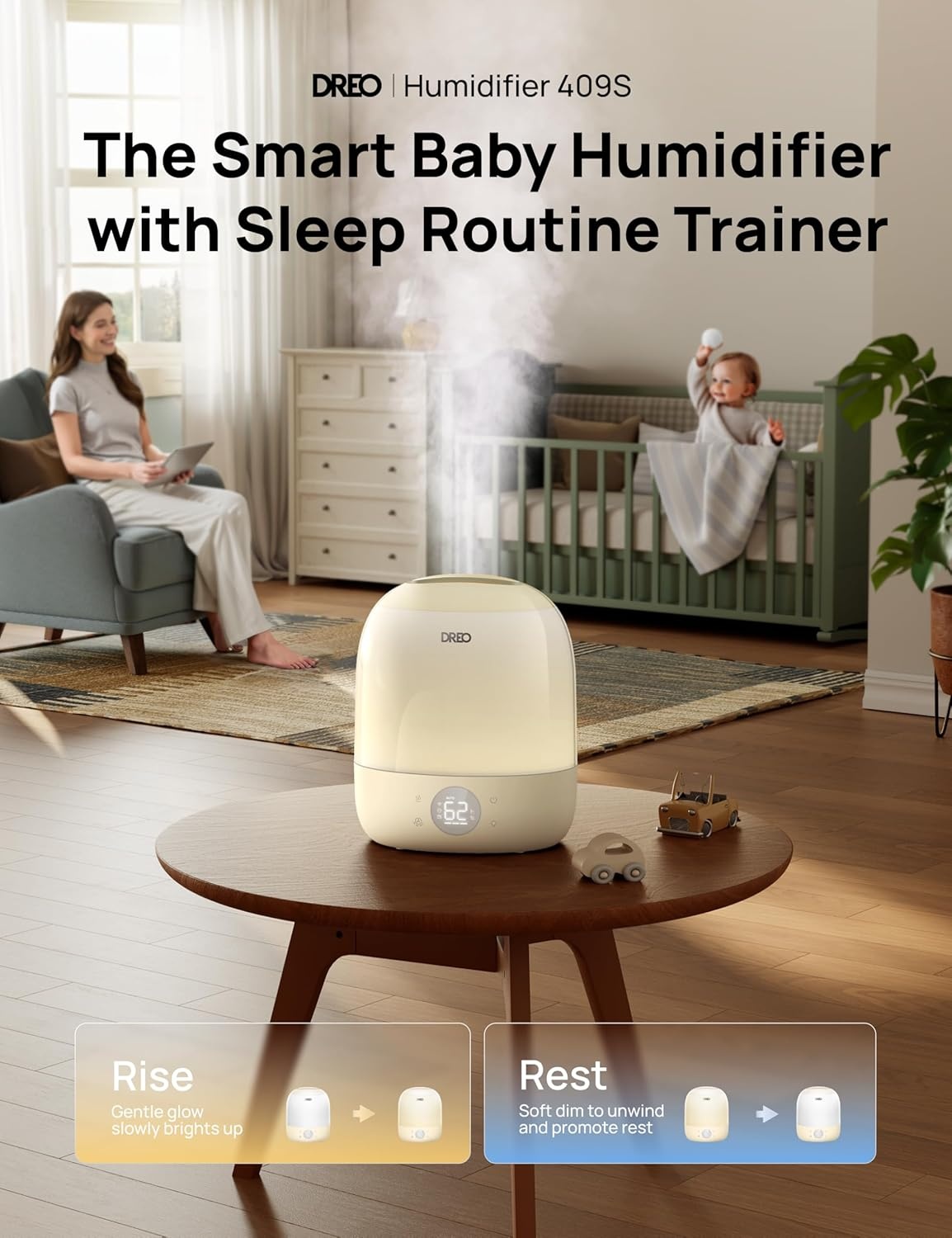 image:imageDREO Humidifiers for Bedroom 30H Max Runtime amp RGB Night Light amp Sleep Trainer Ultra Quiet 28dB Cool Mist Humidifier Top Fill Smart Air Humidifier for Plants Perfect for Baby amp Nursery HM409SYellow