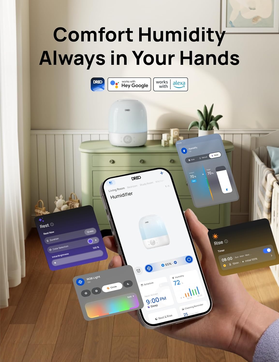image:imageDREO Humidifiers for Bedroom 30H Max Runtime amp RGB Night Light amp Sleep Trainer Ultra Quiet 28dB Cool Mist Humidifier Top Fill Smart Air Humidifier for Plants Perfect for Baby amp Nursery HM409SWhite
