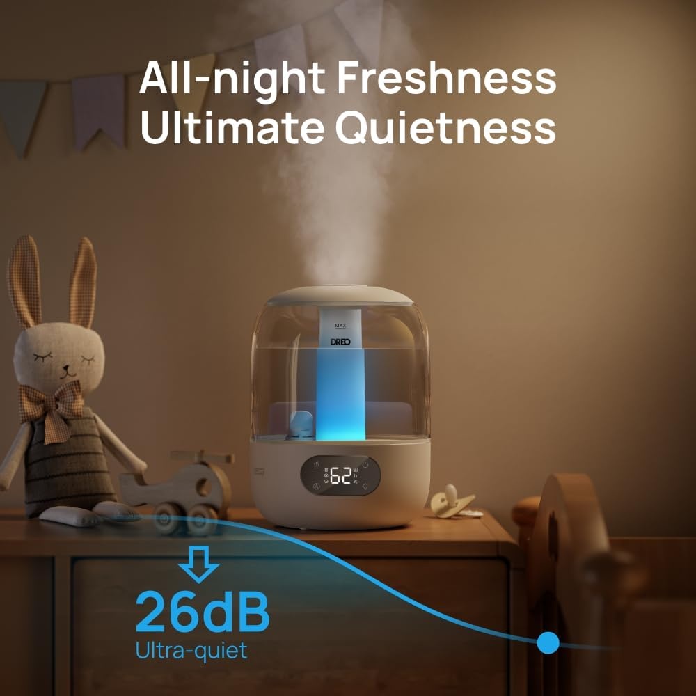 image:imageDREO Humidifiers for Bedroom Cool Mist Ultrasonic Humidifier with 26dB Quiet amp RGB Lighting Top Fill 3L Tank Easy Clean 30 Hr Runtime for Home Baby Plant Nursery Work with GoogleAlexaSnow White