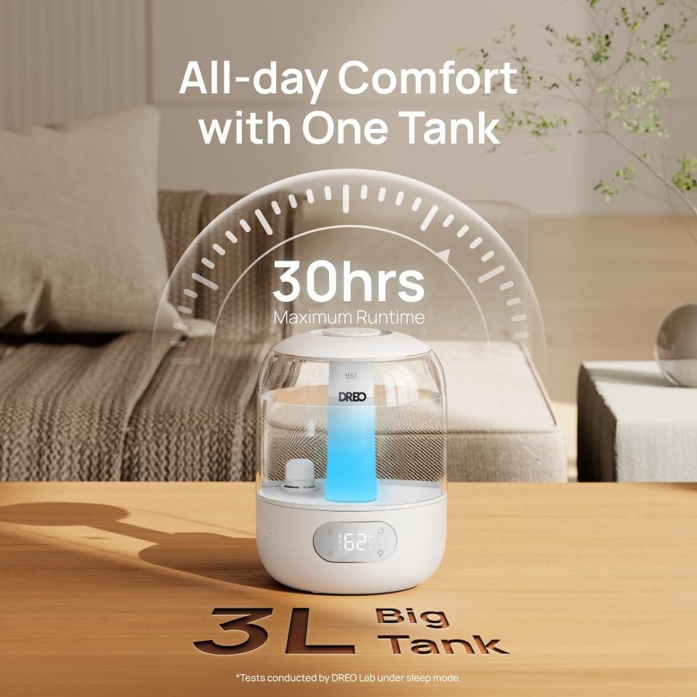 image:imageDREO Humidifiers for Bedroom Cool Mist Ultrasonic Humidifier with 26dB Quiet amp RGB Lighting Top Fill 3L Tank Easy Clean 30 Hr Runtime for Home Baby Plant Nursery Work with GoogleAlexaPearl White