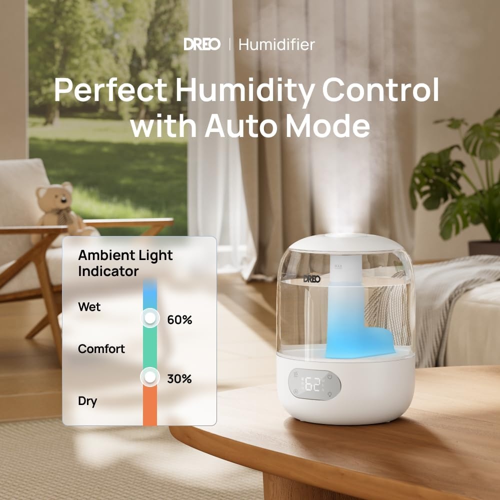 image:imageDREO Humidifiers for Bedroom Cool Mist Ultrasonic Humidifier with 26dB Quiet amp RGB Lighting Top Fill 3L Tank Easy Clean 30 Hr Runtime for Home Baby Plant Nursery Work with GoogleAlexaPearl White