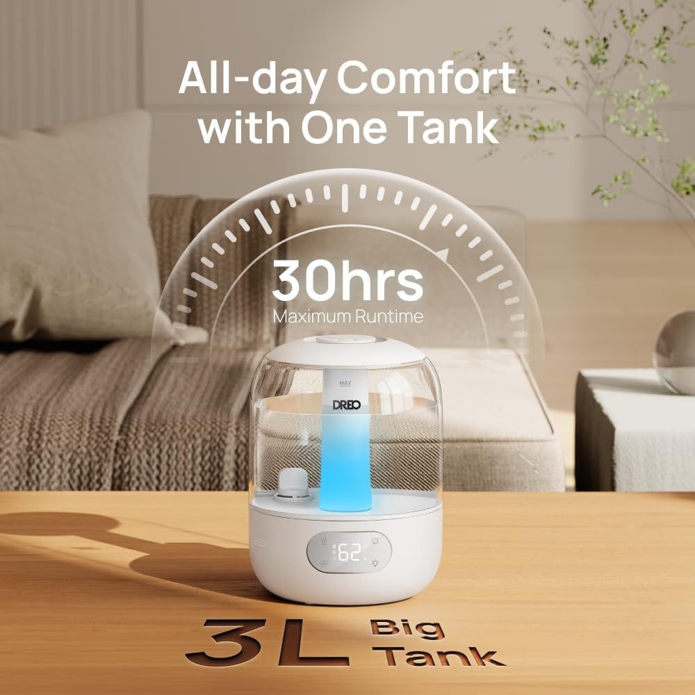 image:imageDREO Humidifiers for Bedroom Cool Mist Ultrasonic Humidifier with 26dB Quiet amp RGB Lighting Top Fill 3L Tank Easy Clean 30 Hr Runtime for Home Baby Plant Nursery Work with GoogleAlexaSnow White