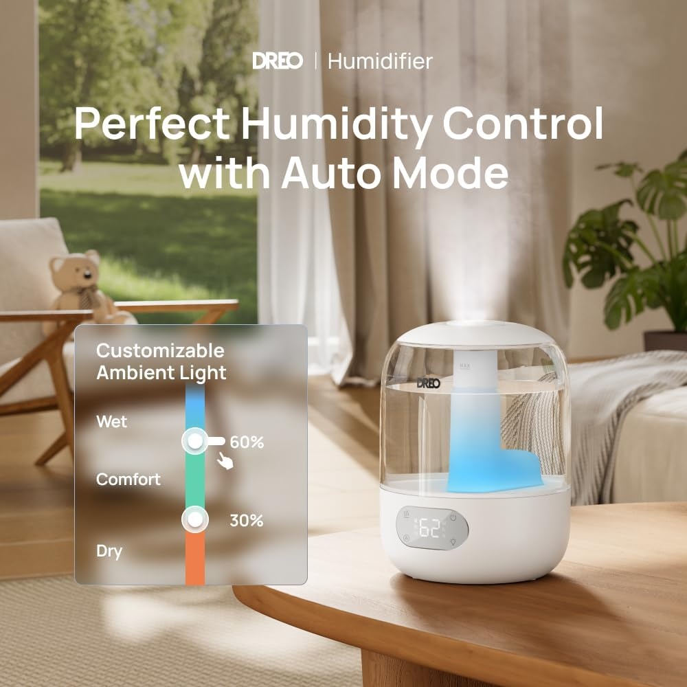 image:imageDREO Humidifiers for Bedroom Cool Mist Ultrasonic Humidifier with 26dB Quiet amp RGB Lighting Top Fill 3L Tank Easy Clean 30 Hr Runtime for Home Baby Plant Nursery Work with GoogleAlexaSnow White