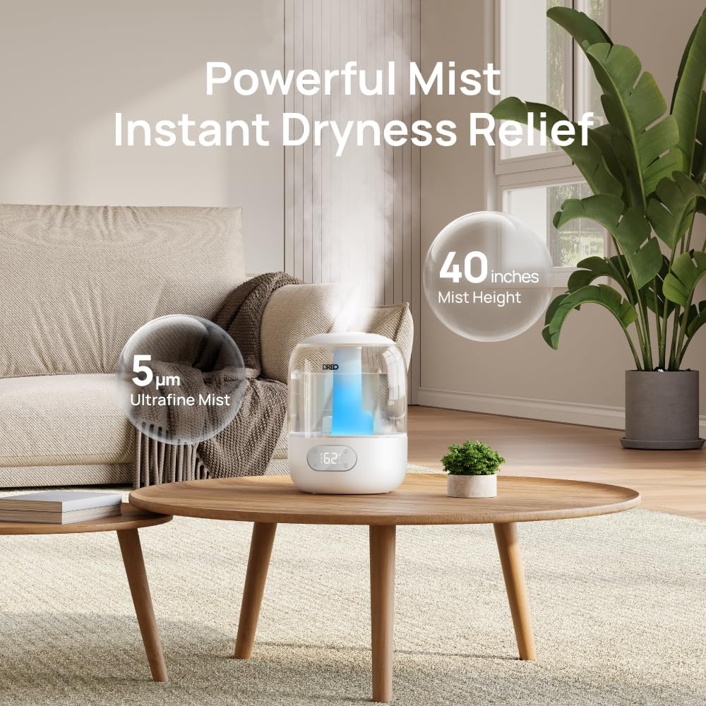 image:imageDREO Humidifiers for Bedroom Cool Mist Ultrasonic Humidifier with 26dB Quiet amp RGB Lighting Top Fill 3L Tank Easy Clean 30 Hr Runtime for Home Baby Plant Nursery Work with GoogleAlexaSnow White