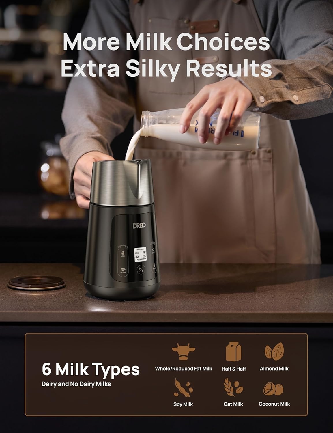 image:imageDREO Milk Frother Allin1 Electric Foam Maker for Coffee 15oz450ml Automatic Foam Frother for Latte Artlevel Microfoam 30 Drinks Easy to Clean Dishwasher Safe LED displaySilver Black