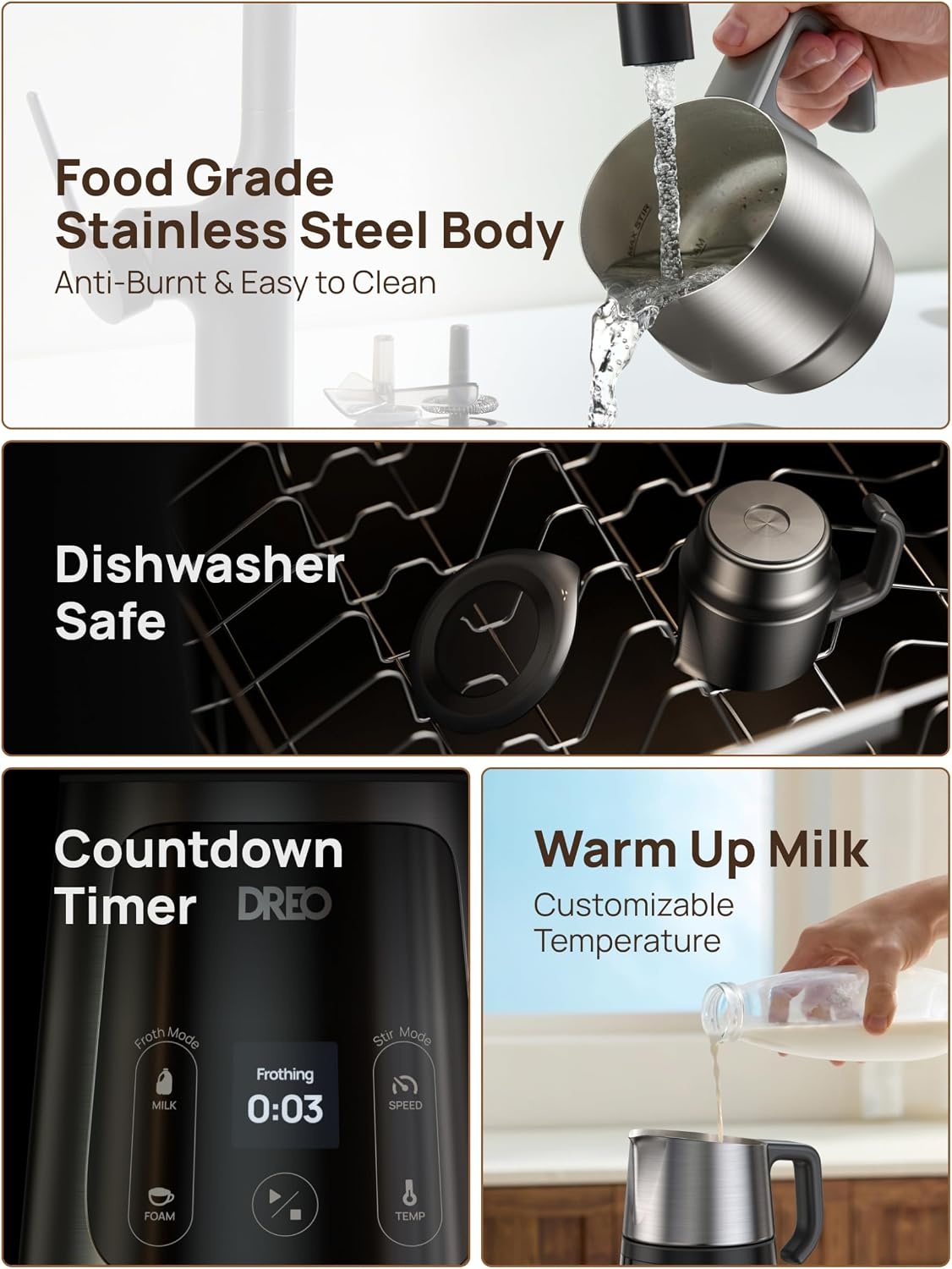 image:imageDREO Milk Frother Allin1 Electric Foam Maker for Coffee 15oz450ml Automatic Foam Frother for Latte Artlevel Microfoam 30 Drinks Easy to Clean Dishwasher Safe LED displaySilver Black