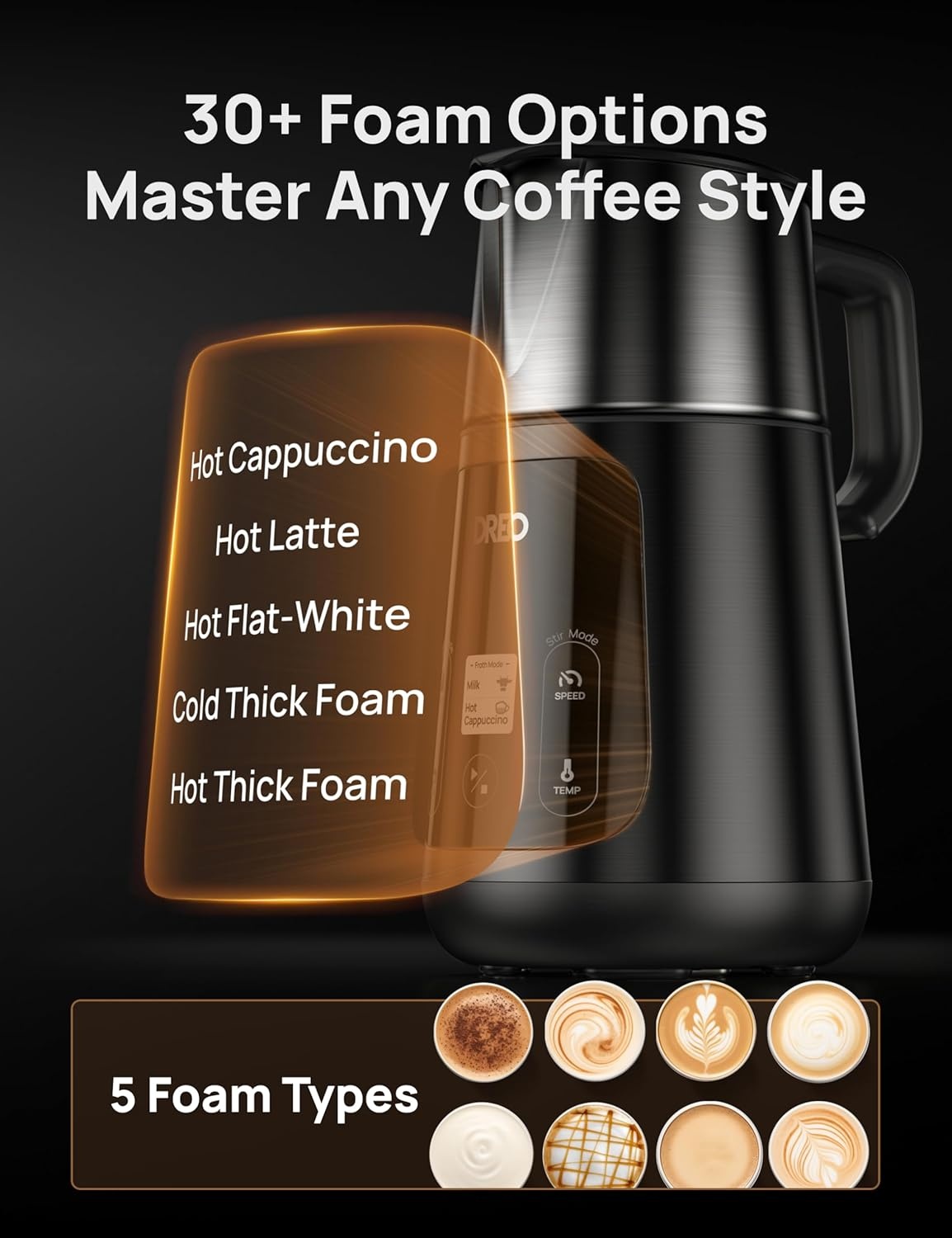 image:imageDREO Milk Frother Allin1 Electric Foam Maker for Coffee 15oz450ml Automatic Foam Frother for Latte Artlevel Microfoam 30 Drinks Easy to Clean Dishwasher Safe LED displaySilver Black