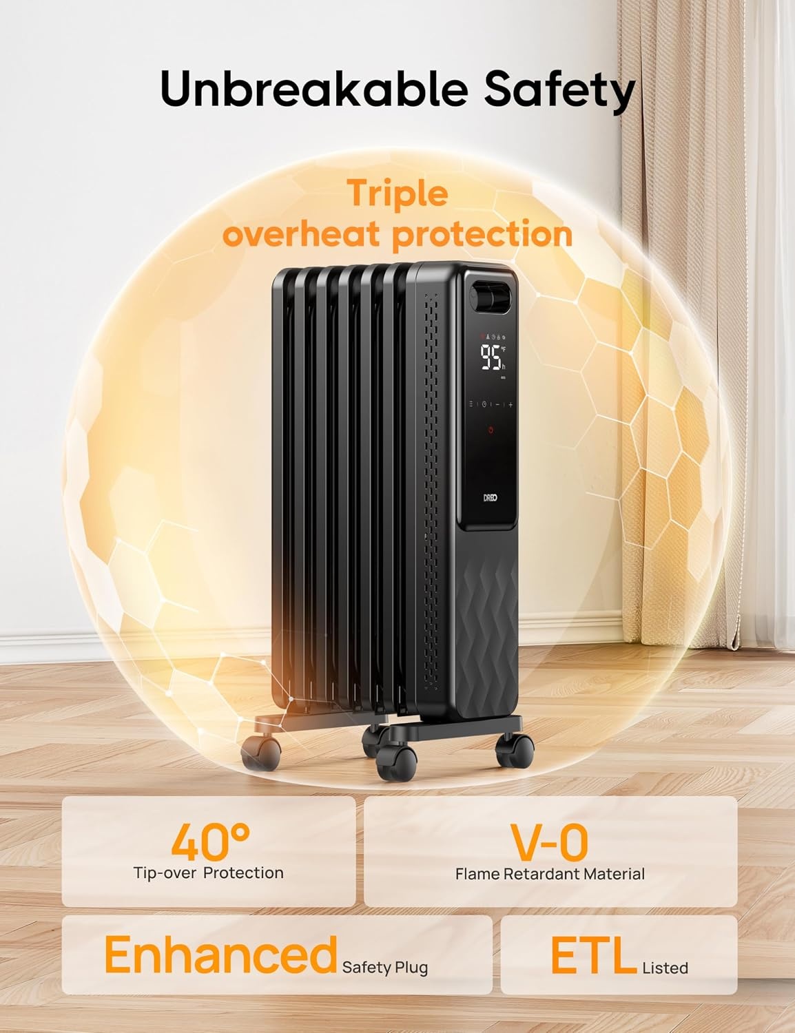 image:imageDREO Oil Filled Radiator Electric Radiant Heaters for indoor use Large Room with Remote Control Child Lock 4 Modes Overheat amp TipOver Protection 24h Timer Digital Thermostat Quiet 1500WBlack