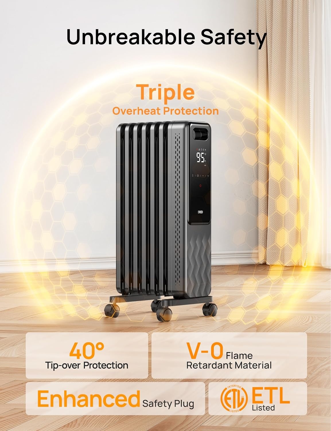 image:imageDREO Oil Filled Radiator Electric Radiant Heaters for indoor use Large Room with Remote Control Child Lock 4 Modes Overheat amp TipOver Protection 24h Timer Digital Thermostat Quiet 1500WSpace Grey