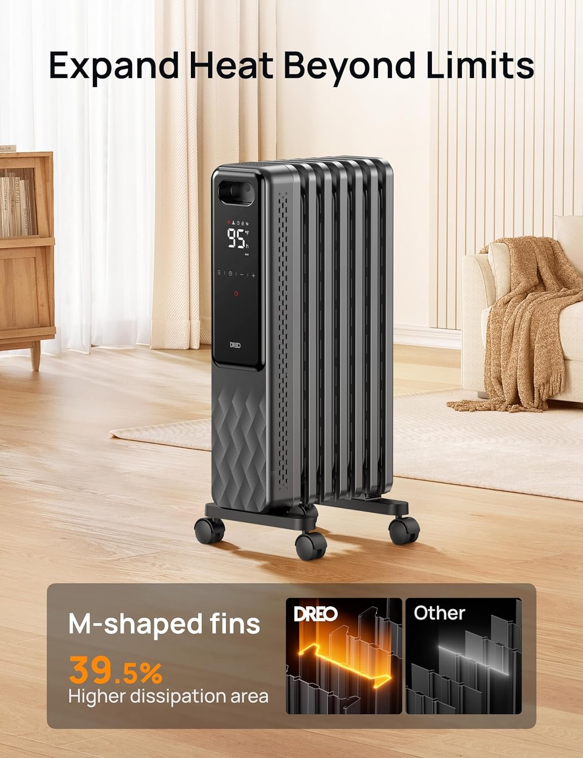 image:imageDREO Oil Filled Radiator Electric Radiant Heaters for indoor use Large Room with Remote Control Child Lock 4 Modes Overheat amp TipOver Protection 24h Timer Digital Thermostat Quiet 1500WSpace Grey