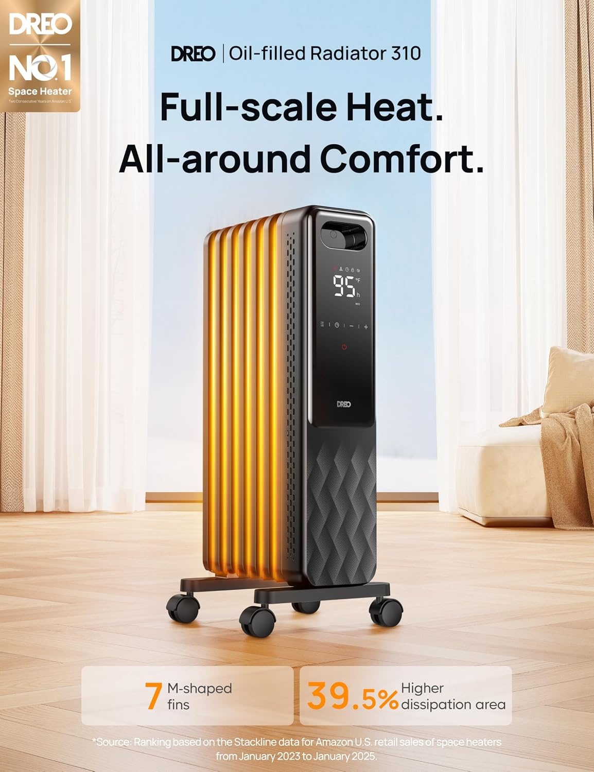 image:imageDREO Oil Filled Radiator Electric Radiant Heaters for indoor use Large Room with Remote Control Child Lock 4 Modes Overheat amp TipOver Protection 24h Timer Digital Thermostat Quiet 1500WBlack