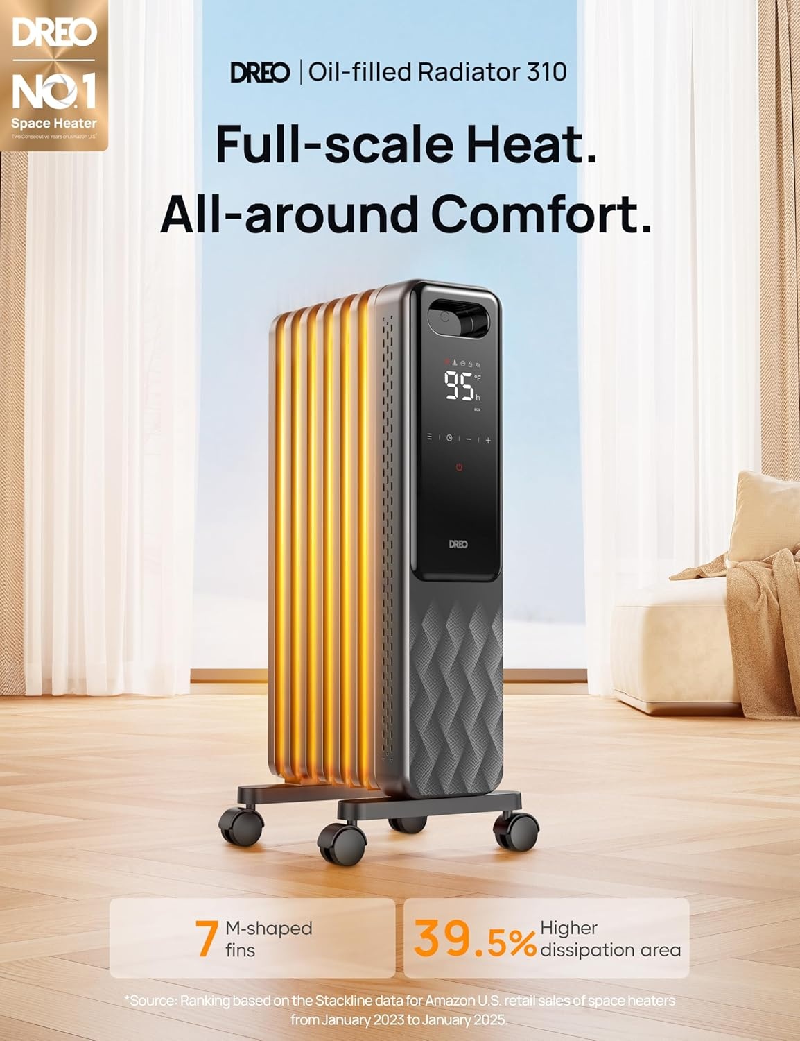 image:imageDREO Oil Filled Radiator Electric Radiant Heaters for indoor use Large Room with Remote Control Child Lock 4 Modes Overheat amp TipOver Protection 24h Timer Digital Thermostat Quiet 1500WSpace Grey