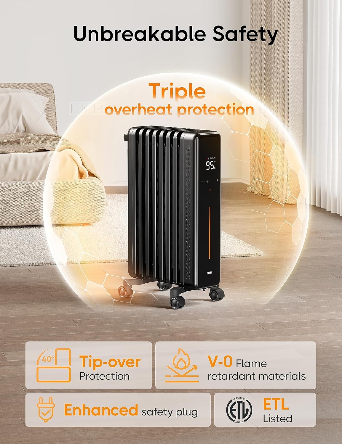 image:imageDREO Oil Filled Radiator Heater 1500W Electric Heaters for Indoor Use Safety Heat for Large Room with Remote 8 Fins 4 Modes Digital Thermostat Overheat amp TipOver Protection 24H Timer Quiet