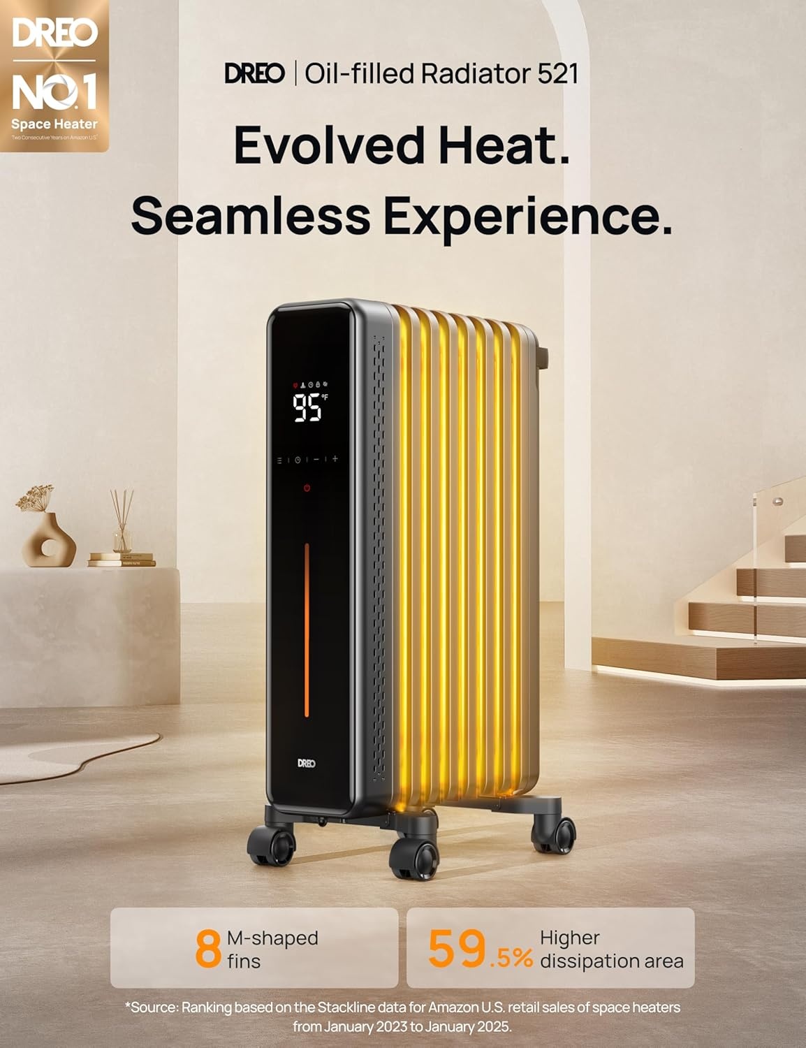 image:imageDREO Oil Filled Radiator Heater 1500W Electric Heaters for Indoor Use Safety Heat for Large Room with Remote 8 Fins 4 Modes Digital Thermostat Overheat amp TipOver Protection 24H Timer Quiet