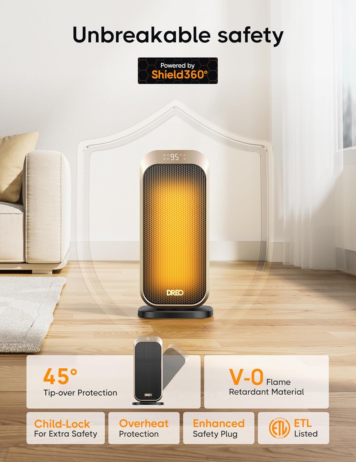 image:imageDREO Quiet Space Heater 1500W Portable Heaters for Indoor Use with Remote 70 Oscillation Fast and Safety Electric PTC Ceramic for Desk Office Bedroom 12H TimerGold