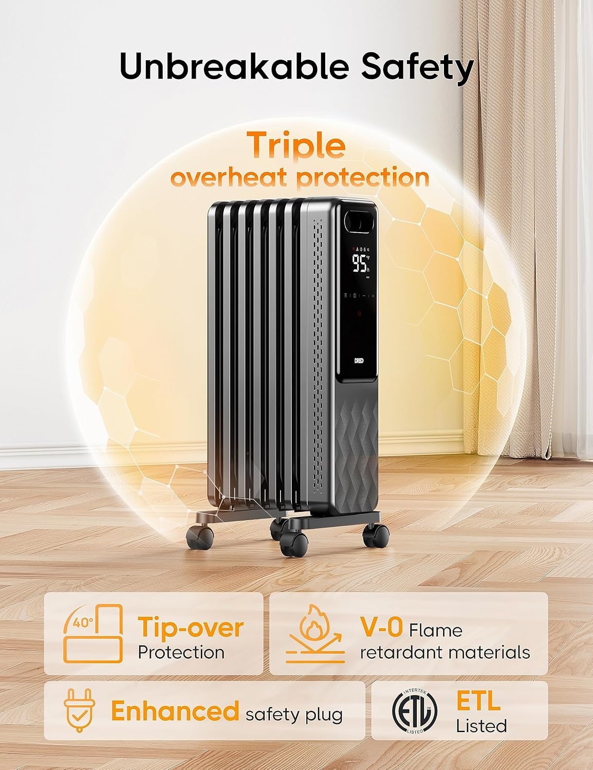 image:imageDREO Radiator Heater Dual Knobs 8 Safety Protection 1500W Electric Space Heaters for Indoor Use Large Room Energy Saving Quiet Oil Filled Radiator for Bedroom Adjustable ThermostatBlack
