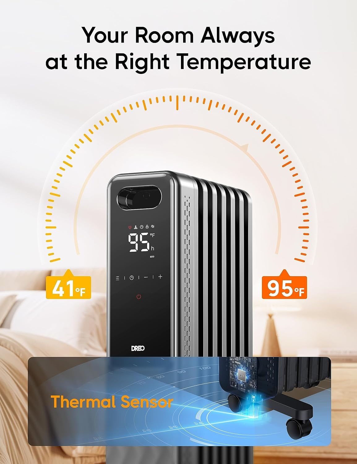 image:imageDREO Radiator Heater Dual Knobs 8 Safety Protection 1500W Electric Space Heaters for Indoor Use Large Room Energy Saving Quiet Oil Filled Radiator for Bedroom Adjustable ThermostatBlack