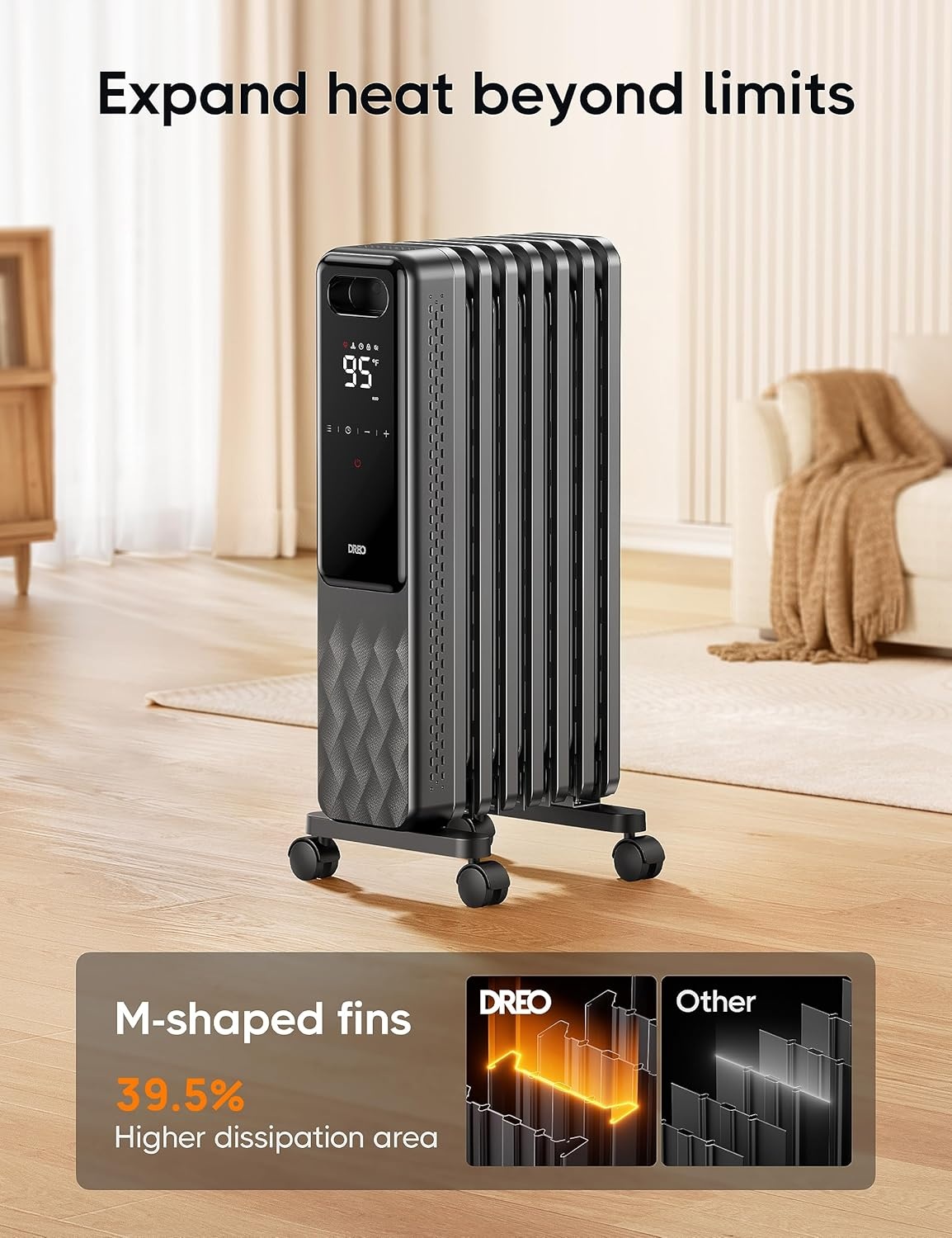 image:imageDREO Radiator Heater Dual Knobs 8 Safety Protection 1500W Electric Space Heaters for Indoor Use Large Room Energy Saving Quiet Oil Filled Radiator for Bedroom Adjustable ThermostatBlack