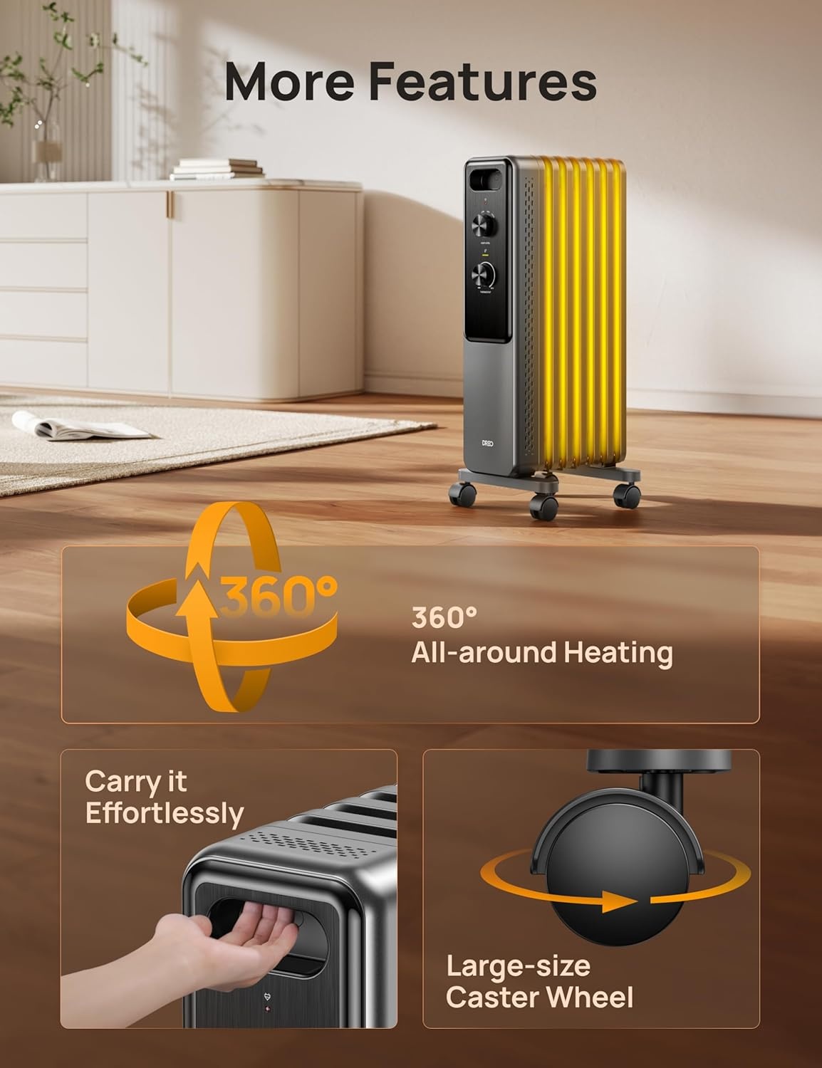 image:imageDREO Radiator Heater Dual Knobs 8 Safety Protection 1500W Electric Space Heaters for Indoor Use Large Room Energy Saving Quiet Oil Filled Radiator for Bedroom Adjustable ThermostatGray