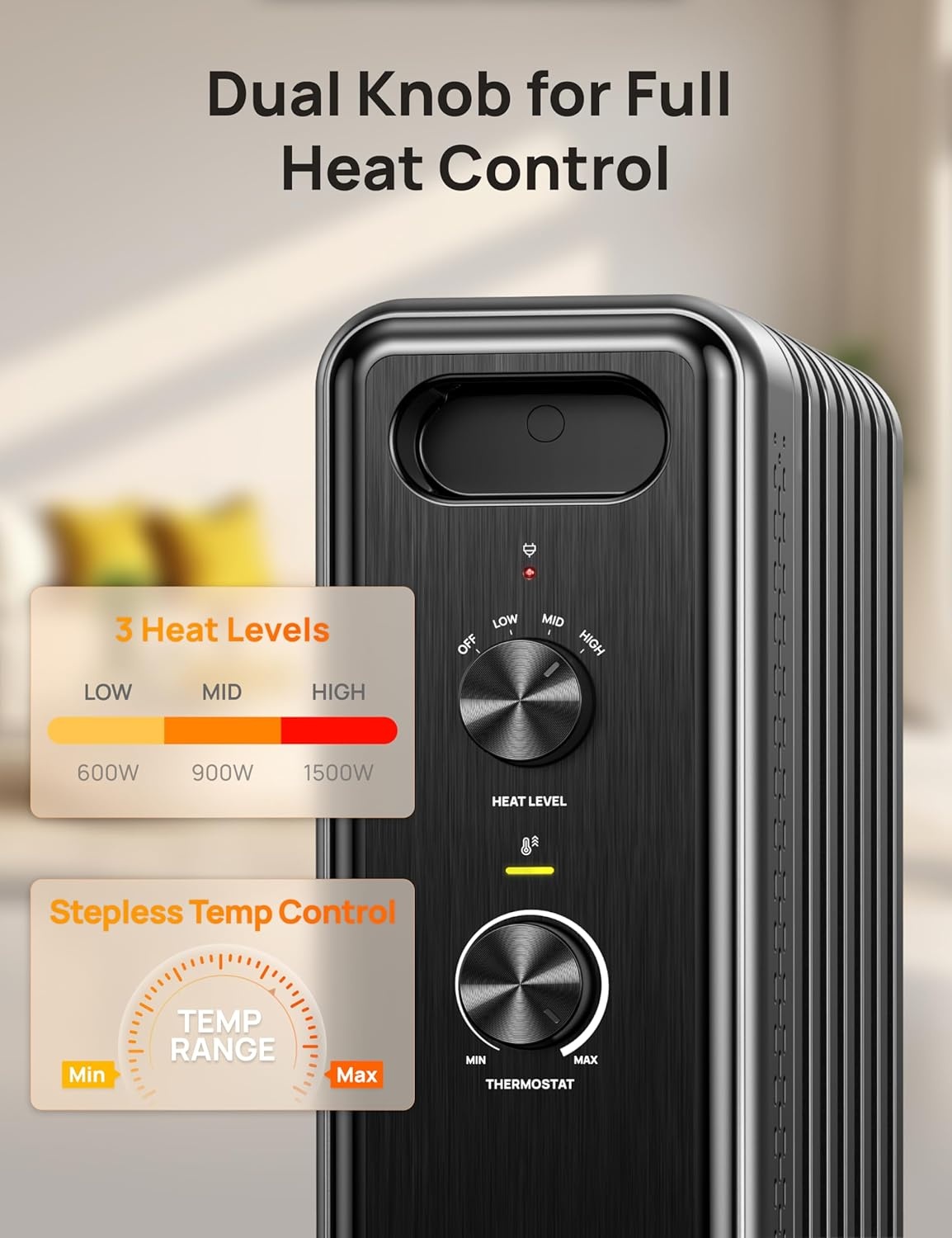image:imageDREO Radiator Heater Dual Knobs 8 Safety Protection 1500W Electric Space Heaters for Indoor Use Large Room Energy Saving Quiet Oil Filled Radiator for Bedroom Adjustable ThermostatGray