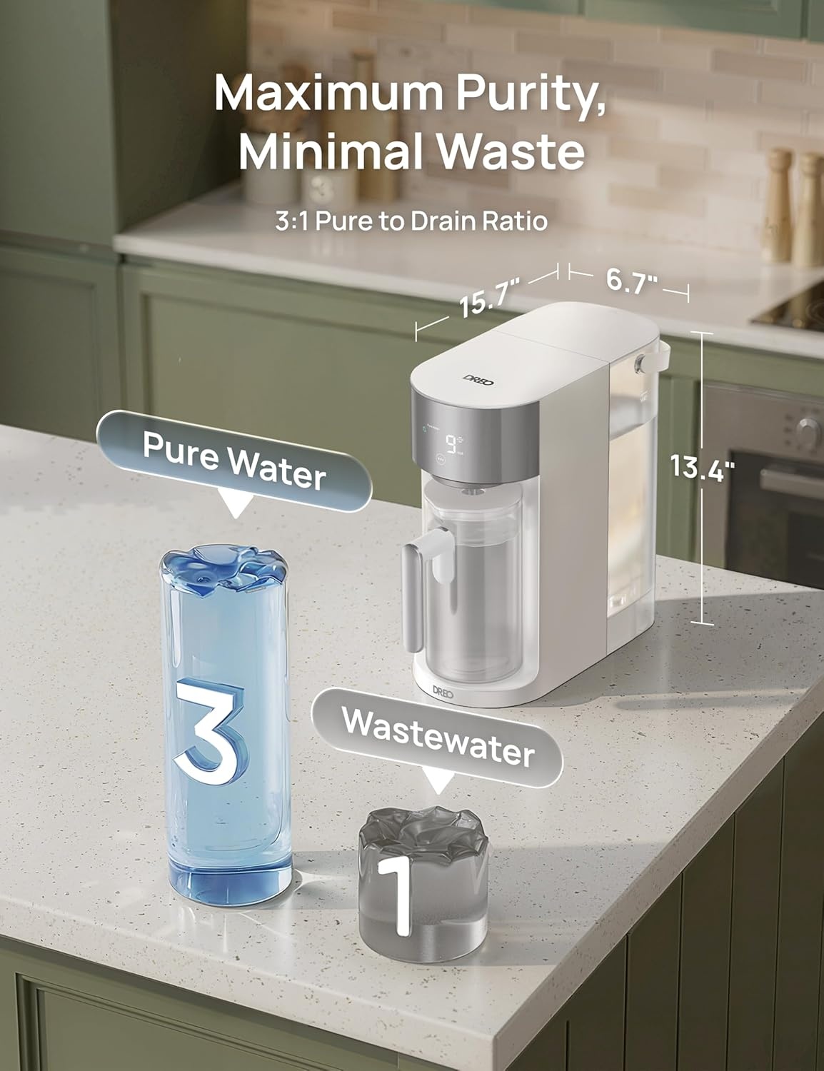 image:imageDREO Reverse Osmosis Water Filter Countertop RO Filtration System 31 Pure to Drain TDS amp Filter Life amp Autofill Pitcher InstallationFree SelfCleaning Water Purifier RO Water FilterWhite