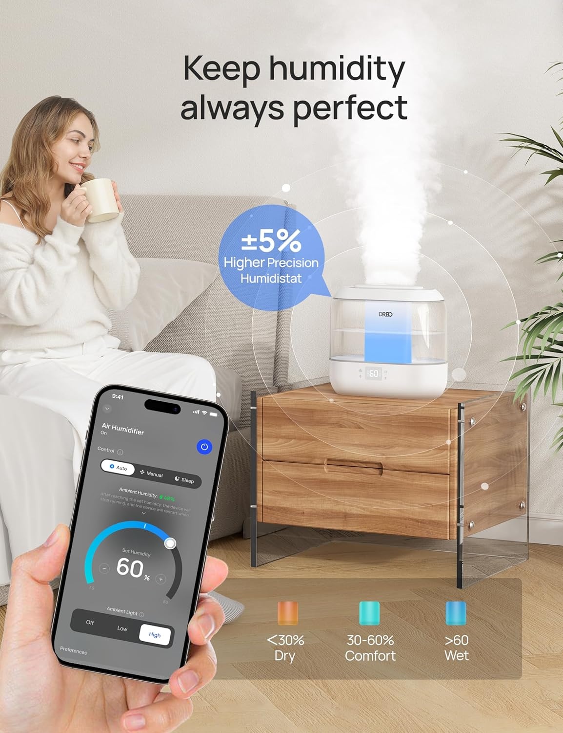 image:imageDREO Smart Humidifiers for Bedroom 4L Cool Mist Humidifier Top Fill Quiet Sleep 28 dB 36H Runtime for large room TouchAPPVoice Control Nightlight ideal for Baby Plants NurseryWhite
