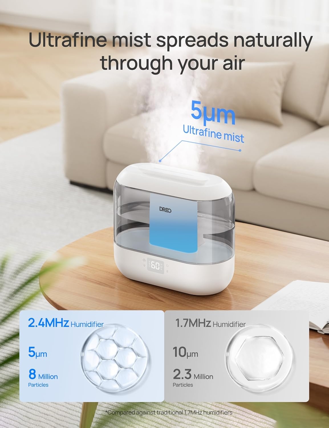 image:imageDREO Smart Humidifiers for Bedroom 4L Cool Mist Humidifier Top Fill Quiet Sleep 28 dB 36H Runtime for large room TouchAPPVoice Control Nightlight ideal for Baby Plants NurseryGray