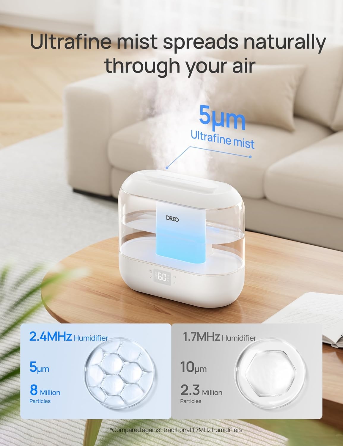 image:imageDREO Smart Humidifiers for Bedroom 4L Cool Mist Humidifier Top Fill Quiet Sleep 28 dB 36H Runtime for large room TouchAPPVoice Control Nightlight ideal for Baby Plants NurseryWhite