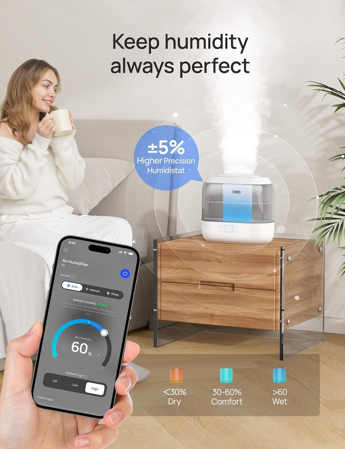 image:imageDREO Smart Humidifiers for Bedroom 4L Cool Mist Humidifier Top Fill Quiet Sleep 28 dB 36H Runtime for large room TouchAPPVoice Control Nightlight ideal for Baby Plants NurseryGray