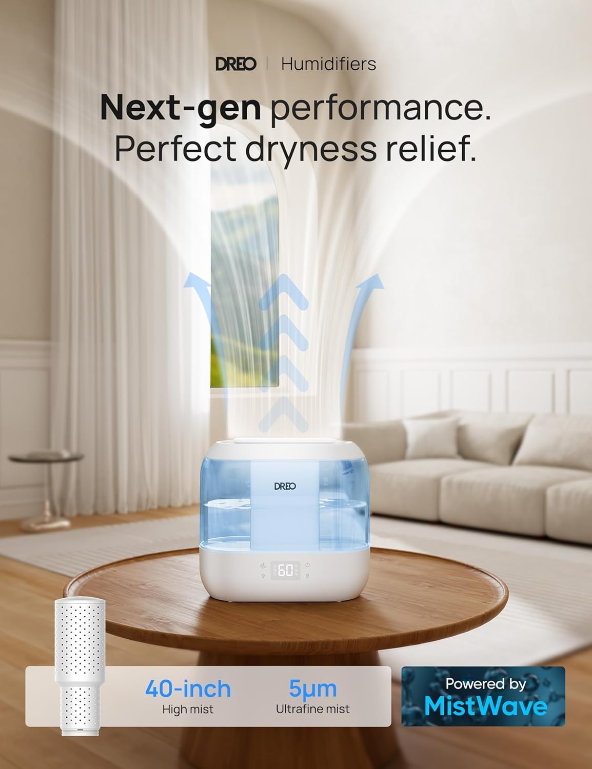 image:imageDREO Smart Humidifiers for Bedroom 4L Cool Mist Humidifier Top Fill Quiet Sleep 28 dB 36H Runtime for large room TouchAPPVoice Control Nightlight ideal for Baby Plants NurseryBlue