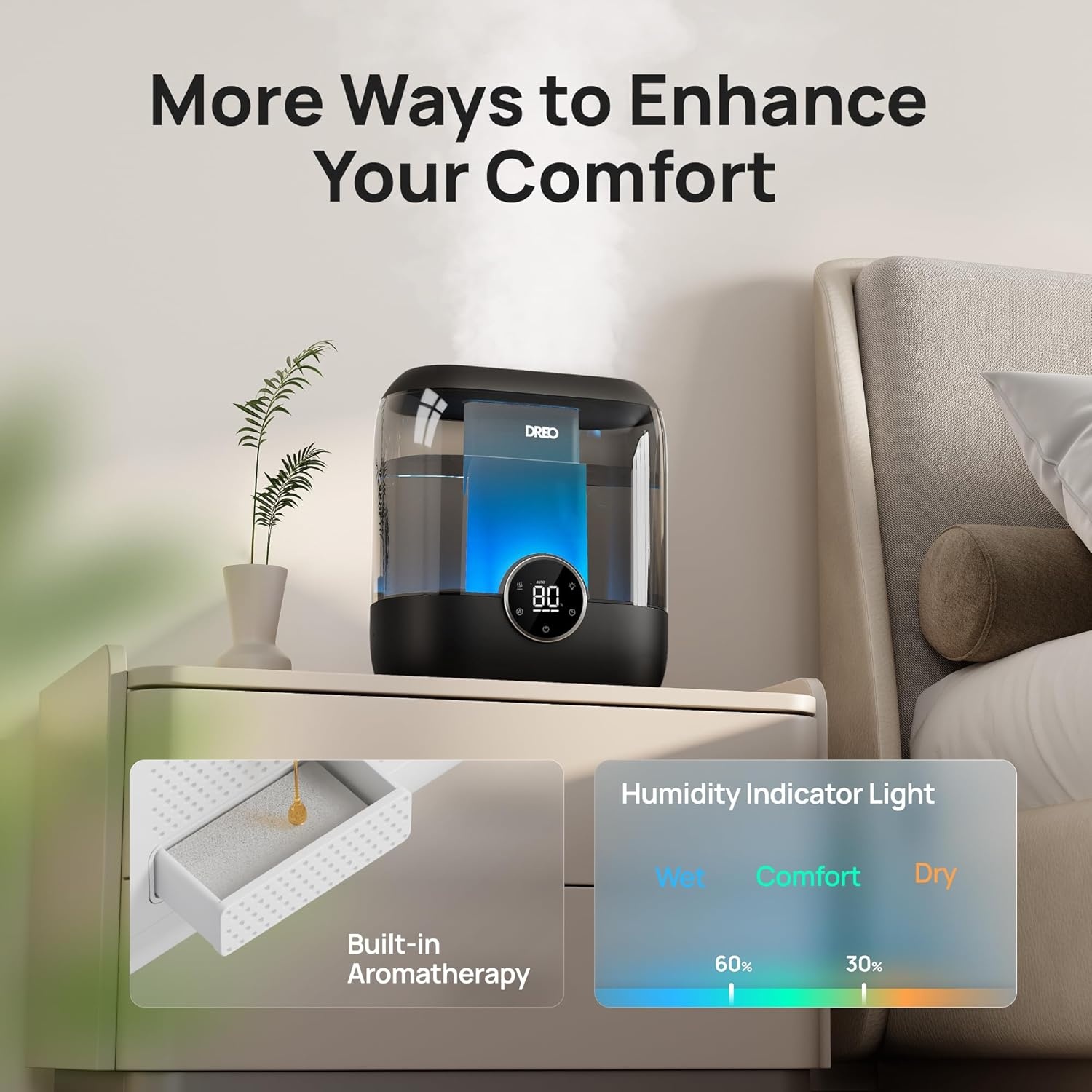 image:imageDREO Smart Humidifiers for Bedroom 6L Top Fill Supersized Cool Mist Humidifier for Large Room 60 Hour Runtime Quiet Ultrasonic Humidifier for Plants Indoor Home Night Light BlackBlack