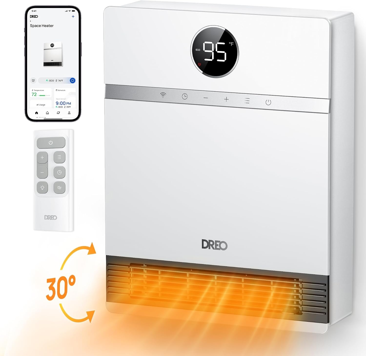 image:imageDREO Smart Wall Heater IP24 Electric PTC Space Heaters for Indoor Use 30 Oscillation Adjustable Thermostat Remote Control Works with Alexa 24H Timer Easymounted for Office Bedroom HomeWhite
