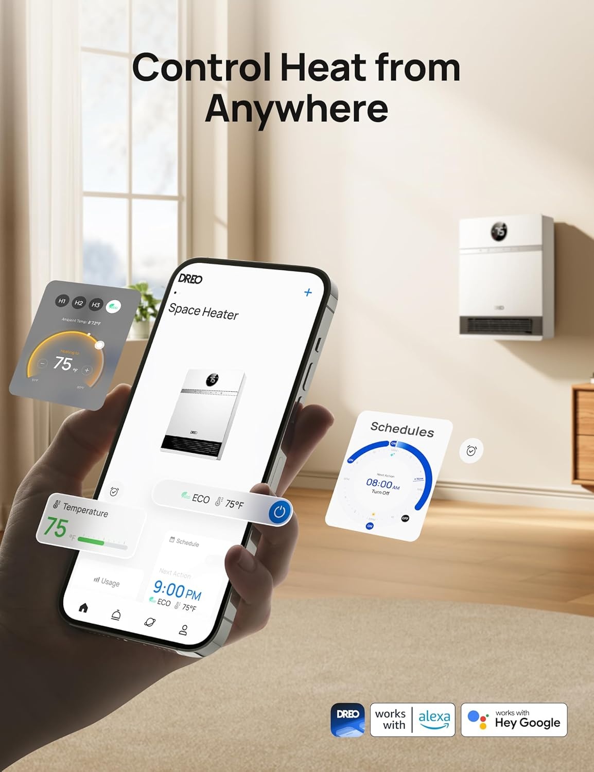 image:imageDREO Smart Wall Heater IP24 Electric PTC Space Heaters for Indoor Use 30 Oscillation Adjustable Thermostat Remote Control Works with Alexa 24H Timer Easymounted for Office Bedroom HomeWhite