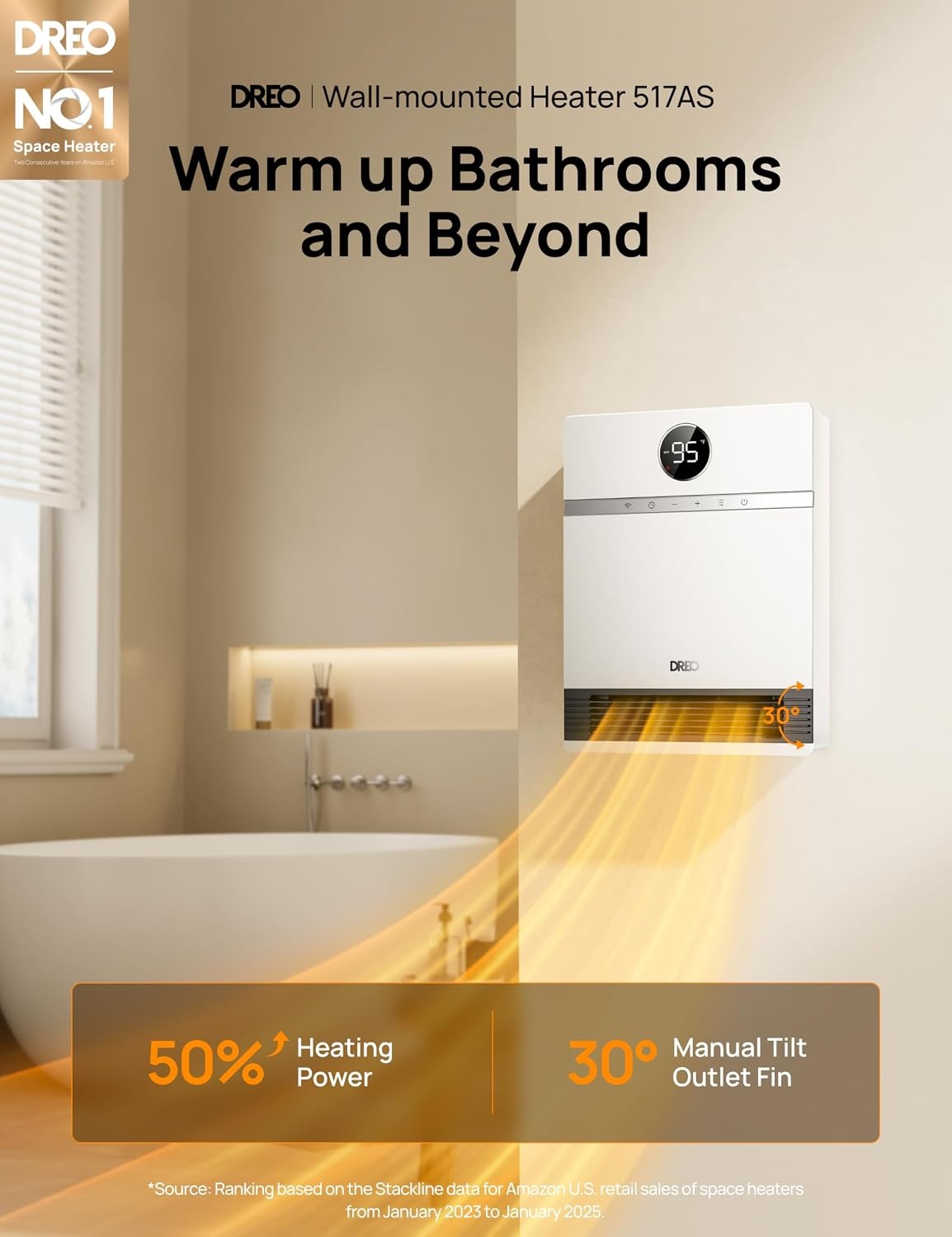 image:imageDREO Smart Wall Heater IP24 Electric PTC Space Heaters for Indoor Use 30 Oscillation Adjustable Thermostat Remote Control Works with Alexa 24H Timer Easymounted for Office Bedroom HomeWhite