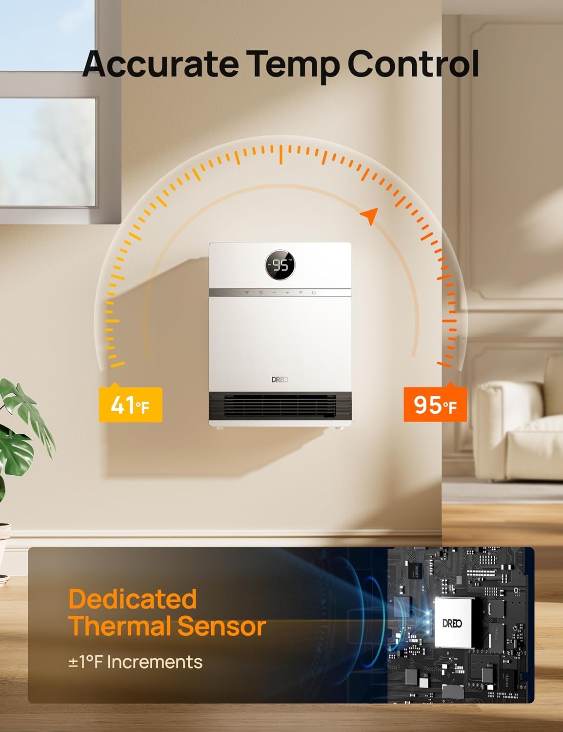 image:imageDREO Smart Wall Heater IP24 Electric PTC Space Heaters for Indoor Use 30 Oscillation Adjustable Thermostat Remote Control Works with Alexa 24H Timer Easymounted for Office Bedroom HomeWhite