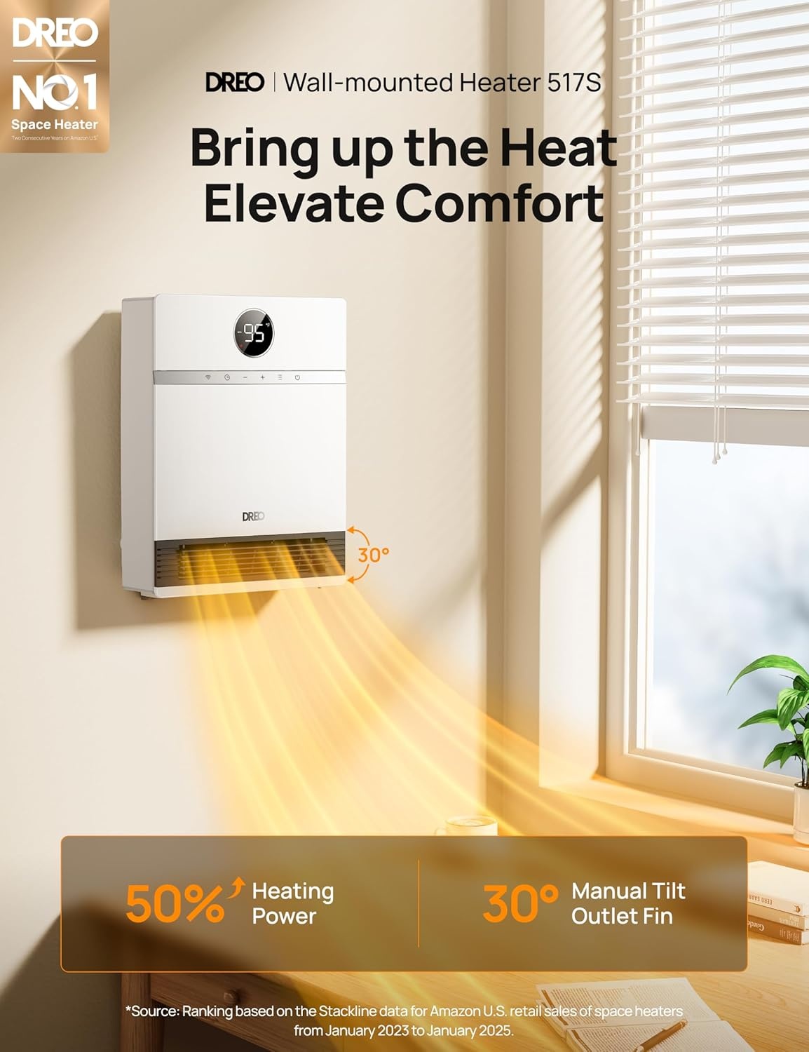 image:imageDREO Smart Wall Heater IP24 Electric PTC Space Heaters for Indoor Use 30 Oscillation Adjustable Thermostat Remote Control Works with Alexa 24H Timer Easymounted for Office Bedroom HomeWhite