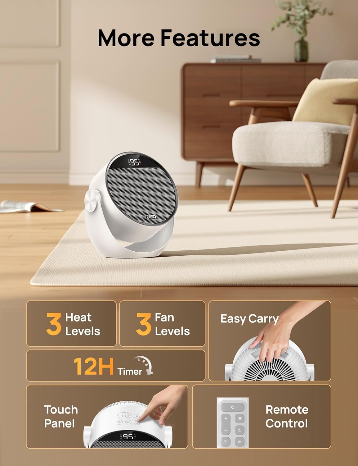 image:imageDREO Space Heater 1500W 60 Adjustable Tilt 105fts Portable Electric Heaters for Indoor Use with Thermostat 8 Safety Protections 3 Modes Remote Quiet Desk Heater for Bedroom Office BlackWhite