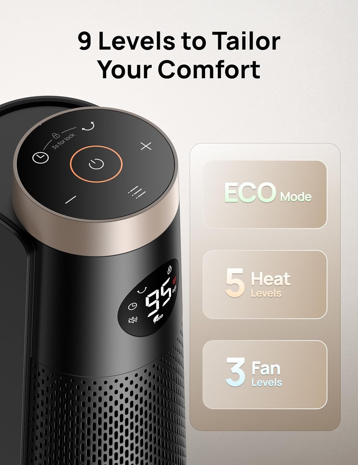 image:imageDREO Space Heater Large Room 30 Electric Heaters with Remote 120 Oscillation Adjustable Thermostat 5 Heat amp 3 Fan levels 8 Safety Protections 25dB Quiet 112H Timer Heater for Office BlackGold