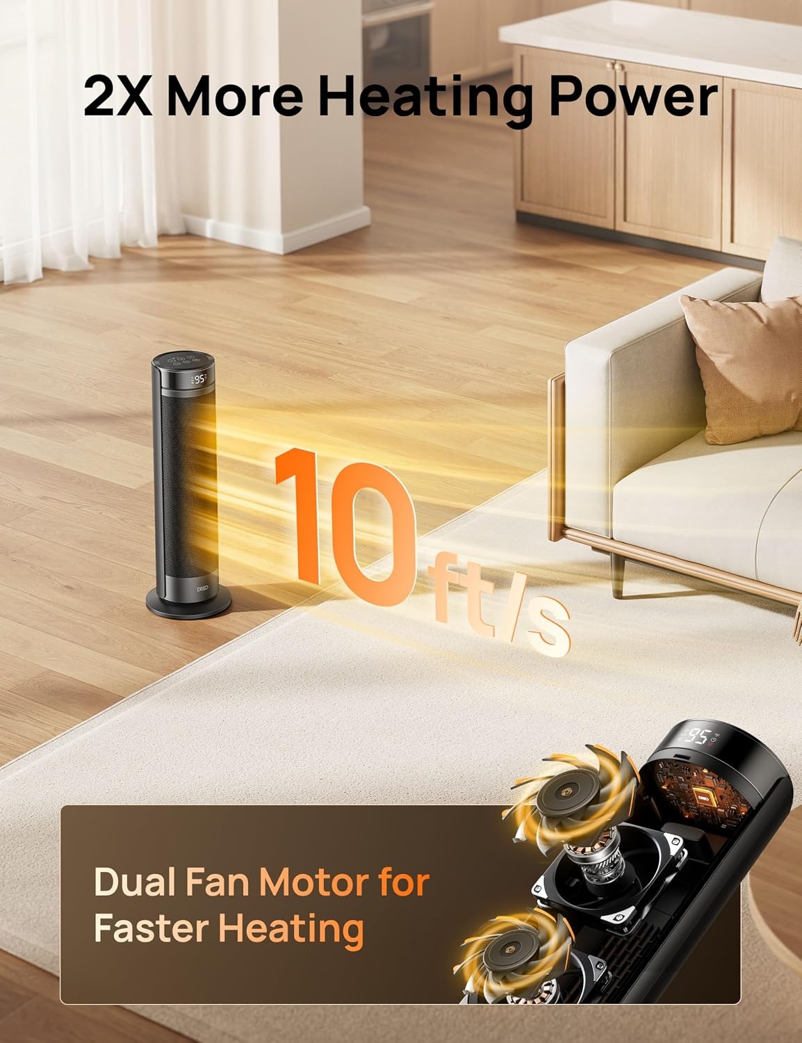 image:imageDREO Space Heater for Large Room 23 Inch Electric Heaters for Indoor Use 8 Safe Protection Tower 70 Oscillation PTC Ceramic with Thermostat and Remote Quiet 12H Timer Bedroom OfficeBlack