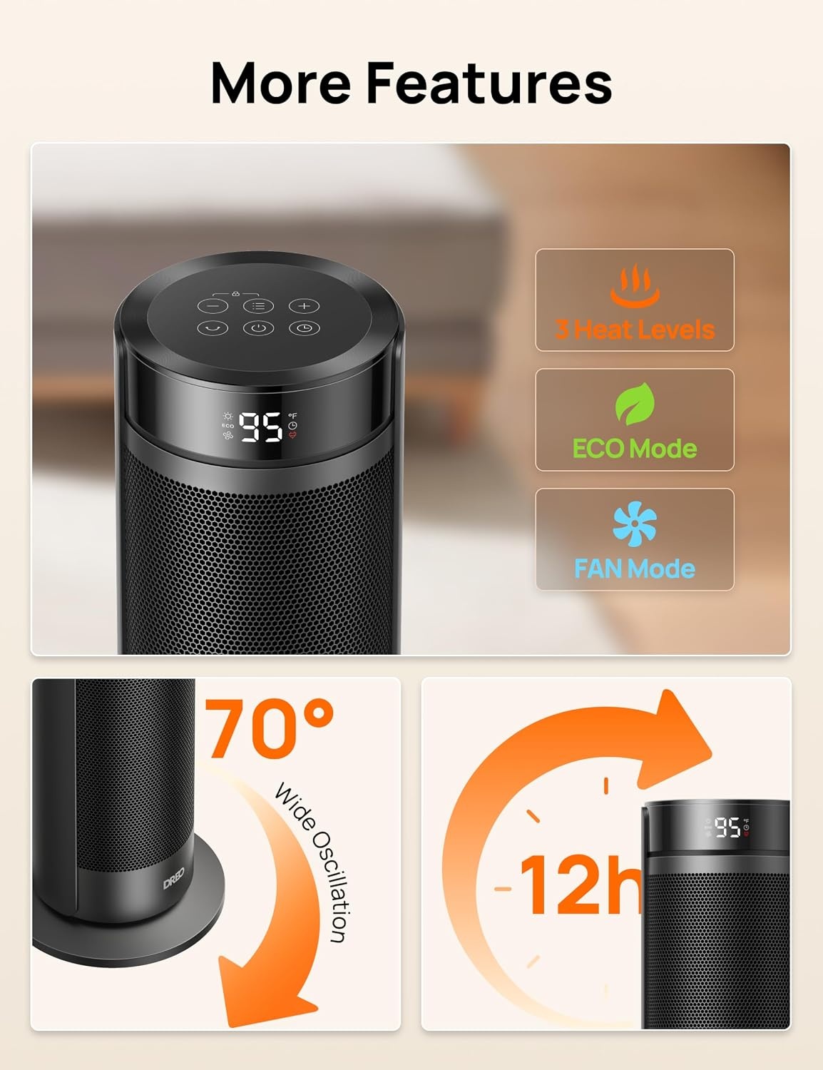image:imageDREO Space Heater for Large Room 23 Inch Electric Heaters for Indoor Use 8 Safe Protection Tower 70 Oscillation PTC Ceramic with Thermostat and Remote Quiet 12H Timer Bedroom OfficeBlack