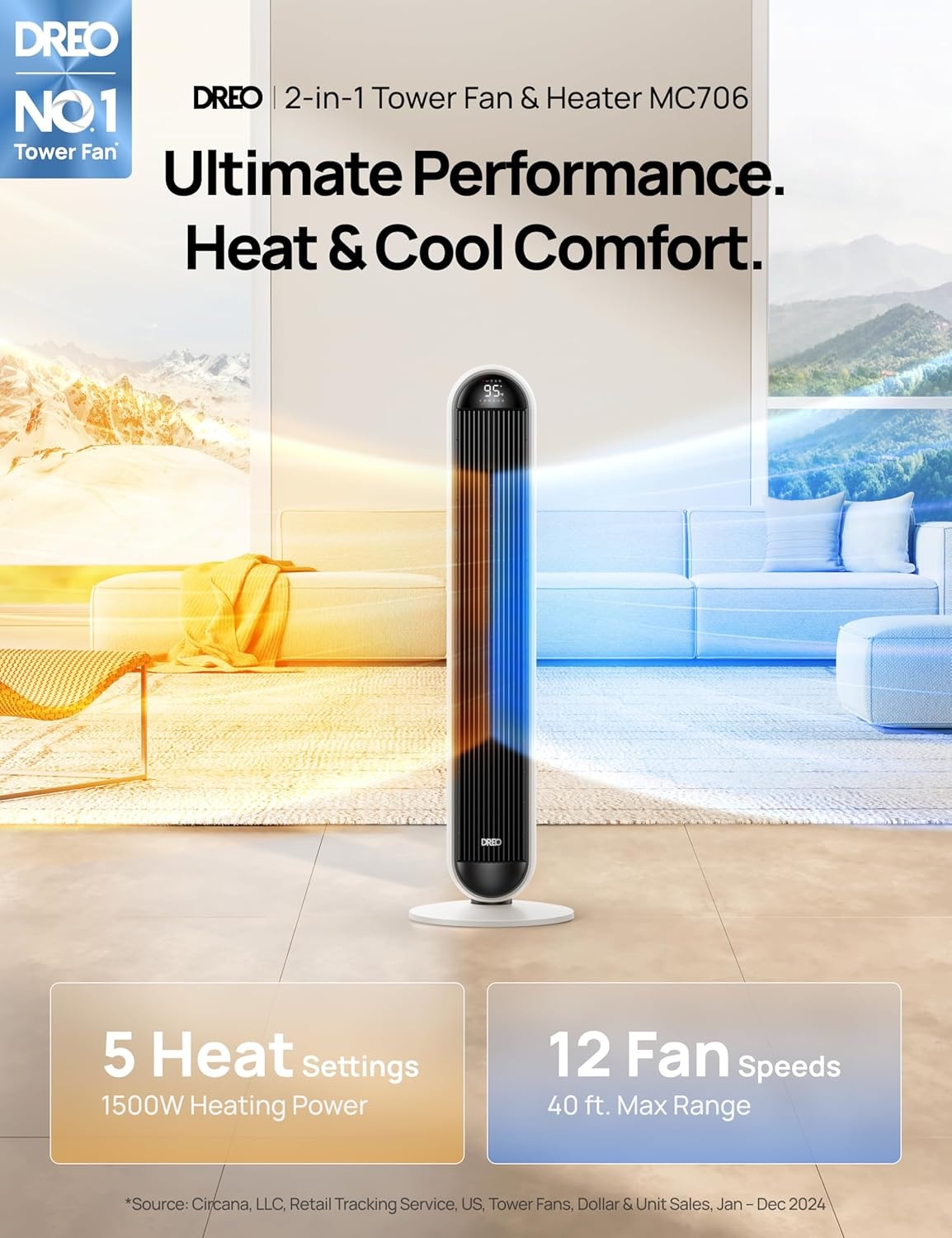 image:imageDREO Tower Fan and Heater Combo 292fts Standing Fans for Bedroom 17 Levels 6 Modes 120 Oscillation 42 Inch 12H Timer 25dB Quiet with Remote for Office Large Room SilverWhite