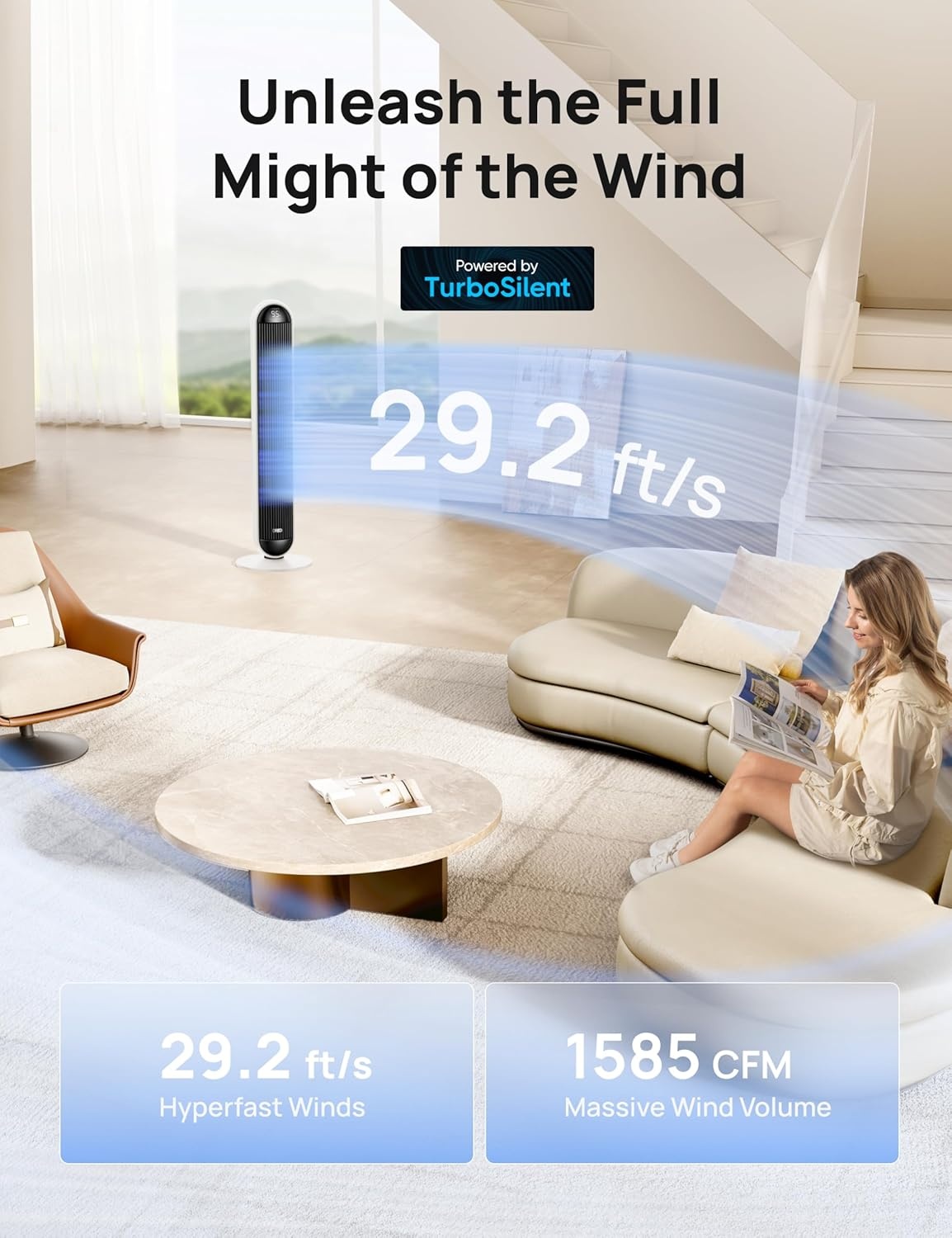 image:imageDREO Tower Fan and Heater Combo 292fts Standing Fans for Bedroom 17 Levels 6 Modes 120 Oscillation 42 Inch 12H Timer 25dB Quiet with Remote for Office Large Room SilverWhite